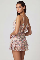 Ruffled Lace-Up A-Line Mini Dress in Primrose Floral Print