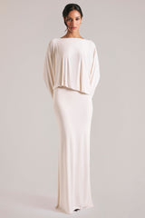 Long-Sleeve Draped Maxi Dress in Vanilla