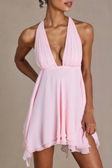 Chiffon Plunge-Neck Open-Back Mini Dress in Blossom