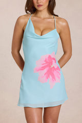 Chiffon Mini Dress in Blue Floral Print