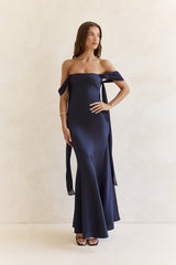Late Night Dreams Off Shoulder Satin Maxi Dress Navy