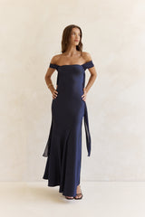 Late Night Dreams Off Shoulder Satin Maxi Dress Navy