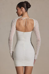 Embellished Long-Sleeve Mini Dress in Snow