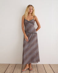 Angie Maxi Dress in Chiffon Grey and Maroon Diagonal Stripe