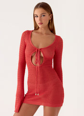 Charis Long Sleeve Crochet Mini Dress - Cherry