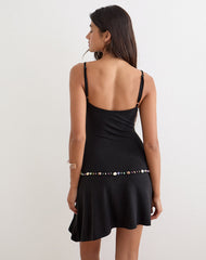 Gussie Mini Dress with Shell Trim in Cupro Black