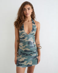 Hepasi Halter Mini Dress in Camo Sequin Khaki Green