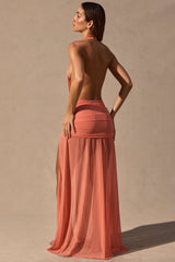 Cowl-Neck Plunge Maxi Dress in Coral