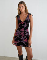 Rosmila Mini Dress in Black with Floral Devore Print