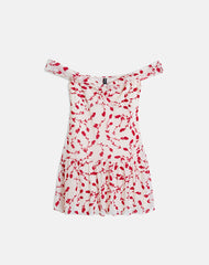 Switaria Mini Dress in Cream with Red Leafy Lily Flock