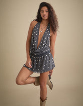 Yukina Mini Dress in Studded Chiffon Dark Grey