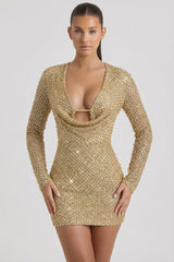 Embellished Cowl-Neck Mini Dress in Gold