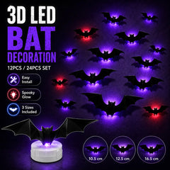 🔥 2026 Hot Sale 3D LED Bat Wall Decorations – 12/24PCS Light-Up Halloween Decor for Walls, Windows & Parties