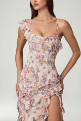 Asymmetric Ruffled Lace-Up Gown in Primrose Floral Print