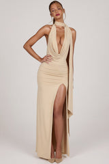 Soft-Jersey Plunge Halterneck Maxi Dress in Champagne