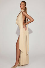 Soft-Jersey Plunge Halterneck Maxi Dress in Champagne