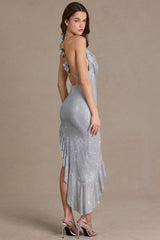Embellished Plunge Asymmetric Maxi Dress in Diamond