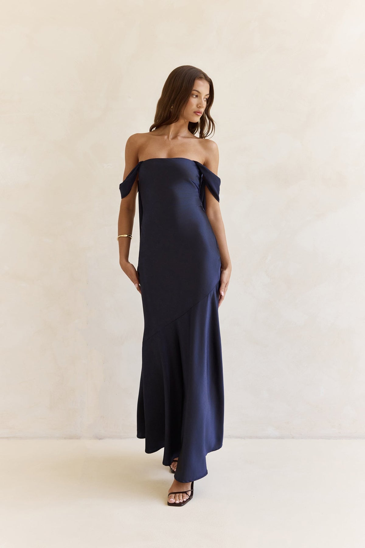 Late Night Dreams Off Shoulder Satin Maxi Dress Navy