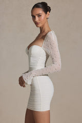 Embellished Long-Sleeve Mini Dress in Snow