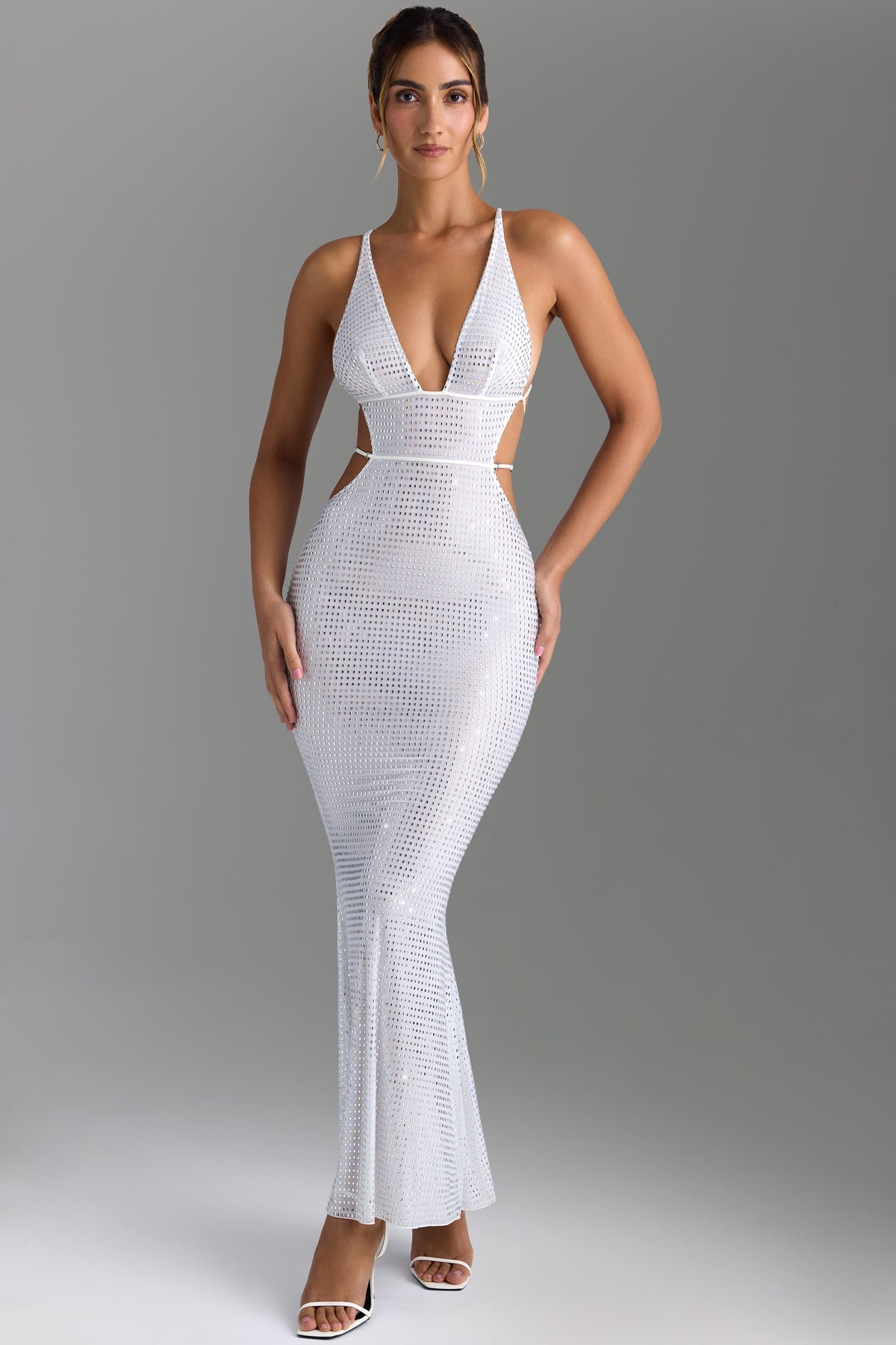 Embellished Cut-Out Backless Maxi Dress in White