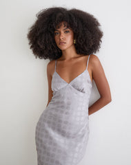 Alenya Maxi Dress in Chiffon Monochrome Silver Grey Polka