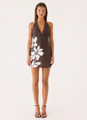 Agneta Halter Linen Mini Dress - Chocolate Tropic Floral