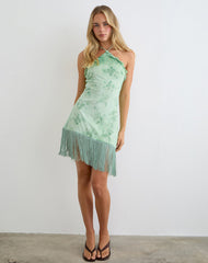 Ceye High Neck Asymmetric Mini Dress in Turquoise