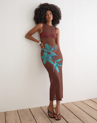 Fay Midi Dress in Brown with Blue Desert Rose