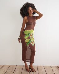 Fay Midi Dress in Brown with Green Dendrobium Flower