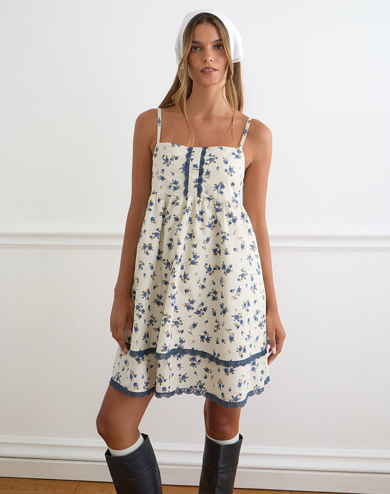 Gal Mini Dress in Ditsy Leaf Rose Navy