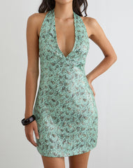 Hepasi Halter Mini Dress in Paisley Sequin Teal