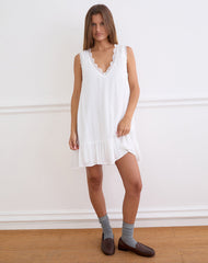 Manika Plunge Babydoll Mini Dress in Rayon White