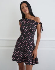 Maribel Mini Dress in Black Satin Scattered with Pink Polka