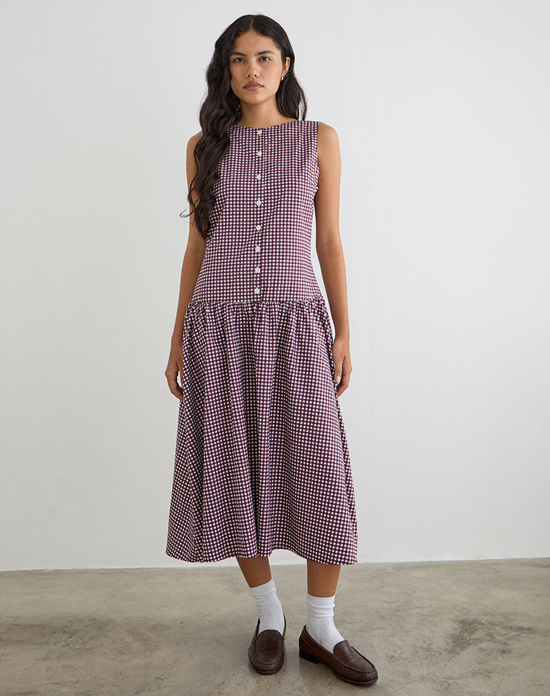Miriam Midi Dress in Mini Gingham Wine