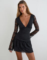 Mishal Long Sleeve Plunge Mini Dress in Lace Black