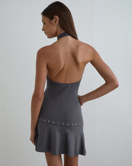 Nakime Halter Mini Dress with Eyelets in Jersey Charcoal Grey