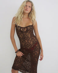 Yasiya Midi Dress in Open Crochet Knit Dark Chocolate