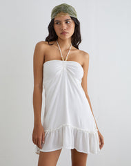 Yvelise Mini Dress in Crinkle Off White with Beads