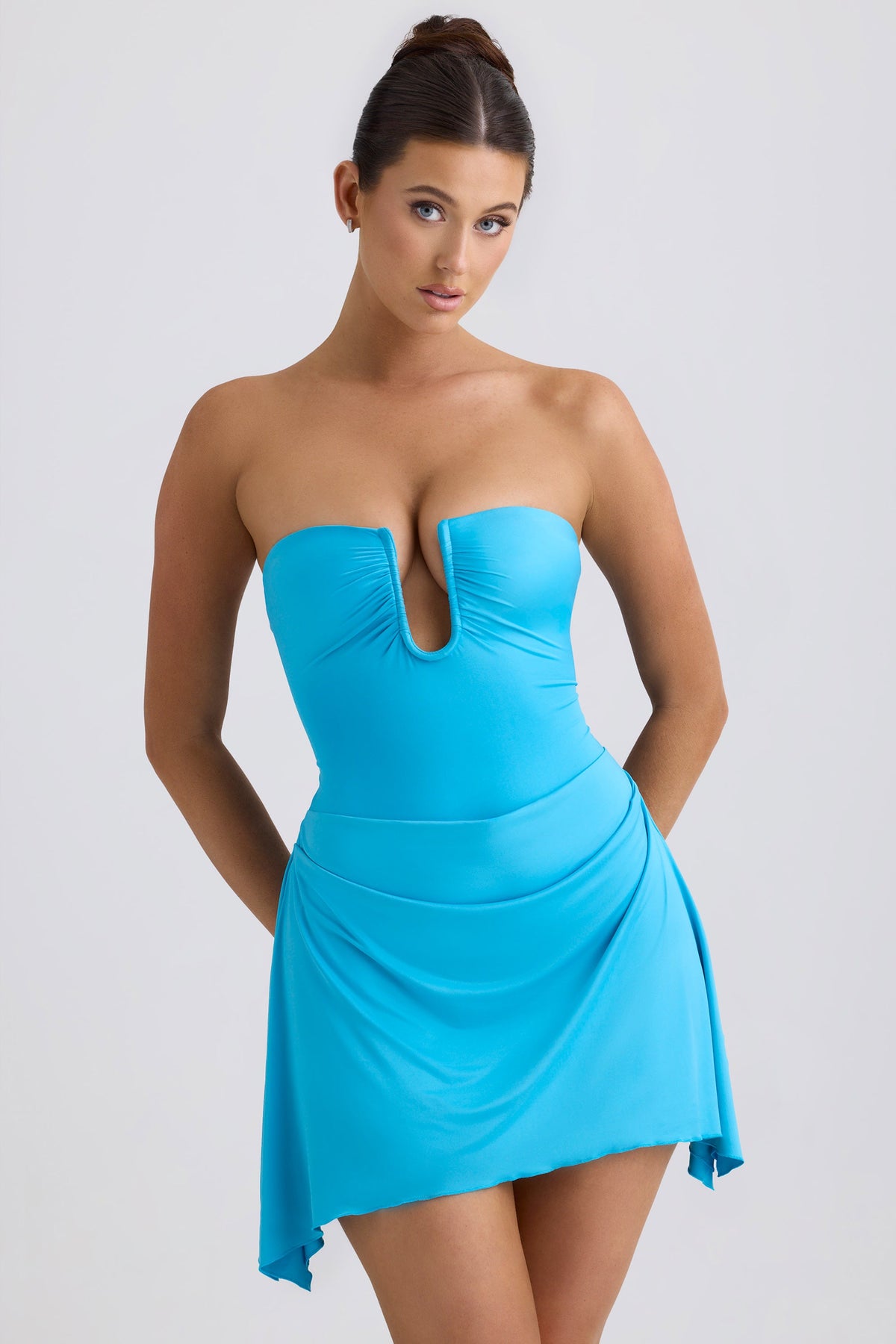 Slinky Jersey Draped A-Line Mini Dress in Ocean Blue