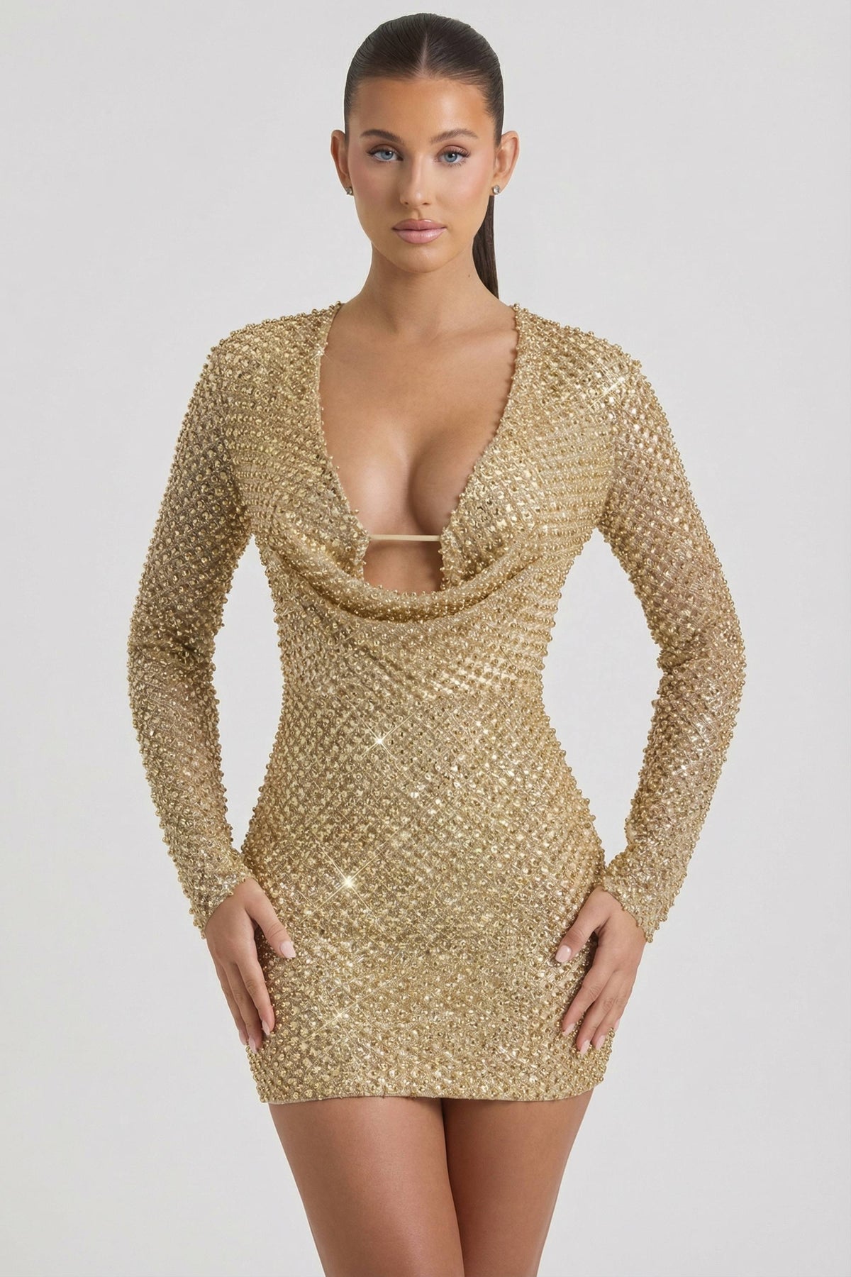 Embellished Cowl-Neck Mini Dress in Gold