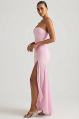 Asymmetric Strapless Fishtail Maxi Dress in Soft Pink