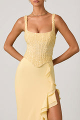 Embellished Ruffle-Trim Corset Gown in Yellow
