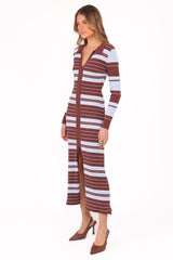 Eliana Long Sleeve Midi Dress - Brown Blue Stripe